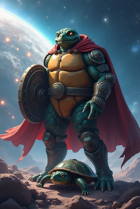 (photoanime1:2) A unknown anime space turtle warrior, with a cape and armour, with custom shield in a heroic pose in space created from the big bang that is riding on a small turtle that is mechanical, which is actually a space craft