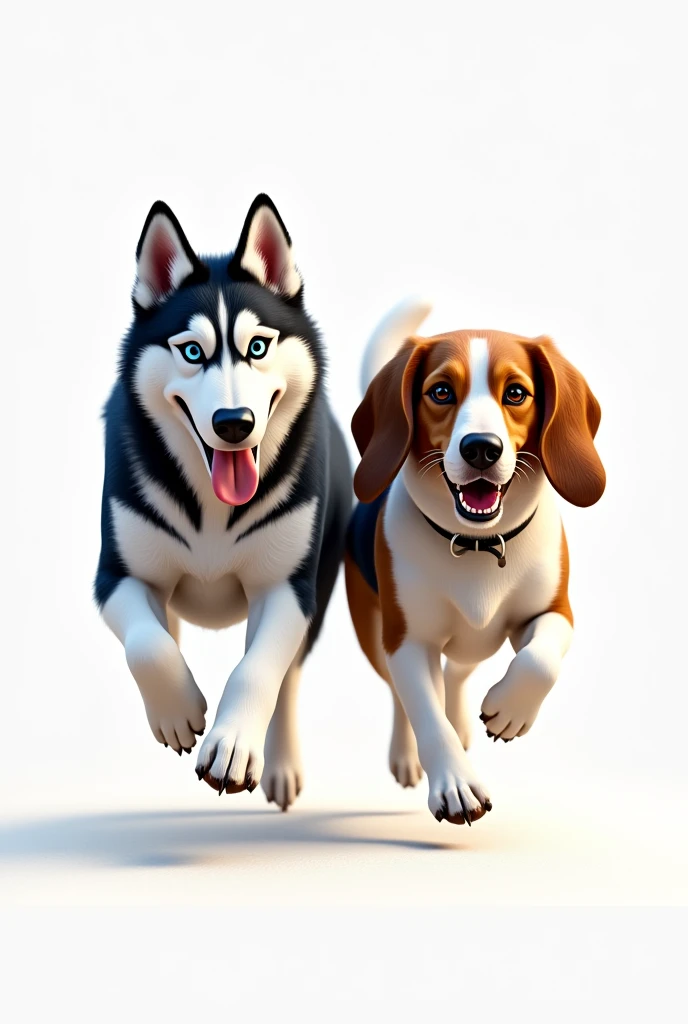 Image for a running club logo with an adult Siberian husky and an adult short-legged tricolor long-eared basset hound running towards the finish line as if they were in a race, that the animation is more realistic and detailed 