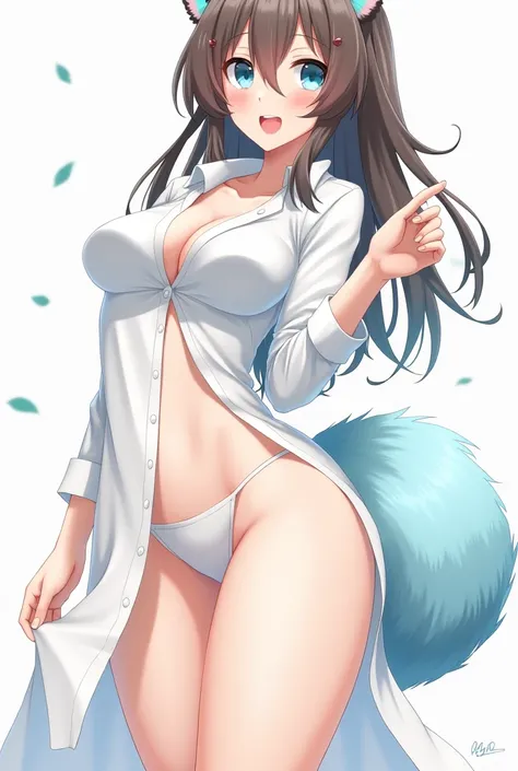 Anime style draw of a woman, view from her hips and above, dress with only a long white button shirt that covers until her tighs, legs slightly open and a fluffy light blue animal tail behind her legs