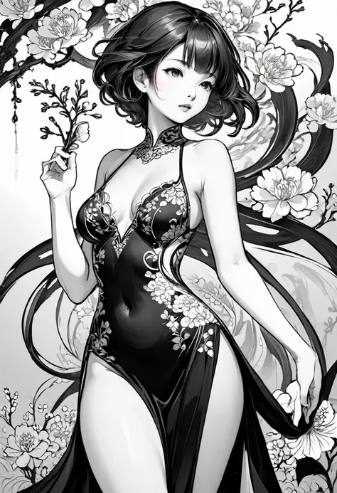 As a coloring book, white and black color, borders should be simple, clear, distinct, and thick lines, By Cartoon picture book of a beautiful Asian girl with short brown hair, A girl traditional ink body art style, (Use simple lines to outline a woman’s gr...