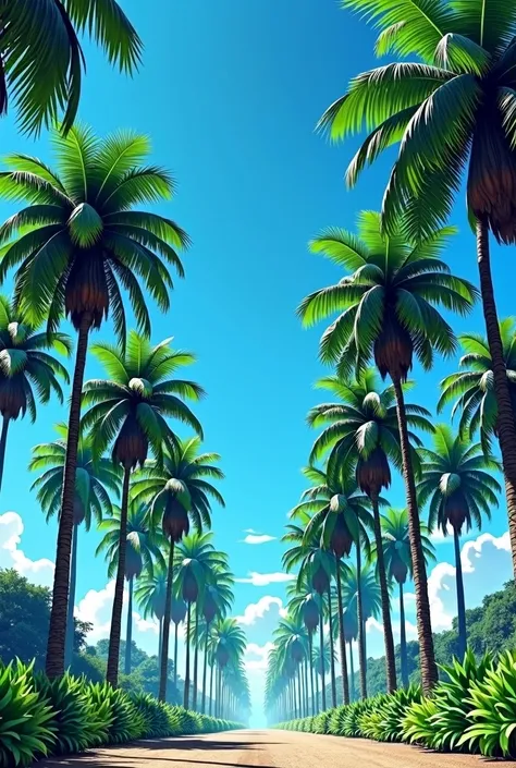 Rows of different height palms trees in shades of green and black with a blue sky background
