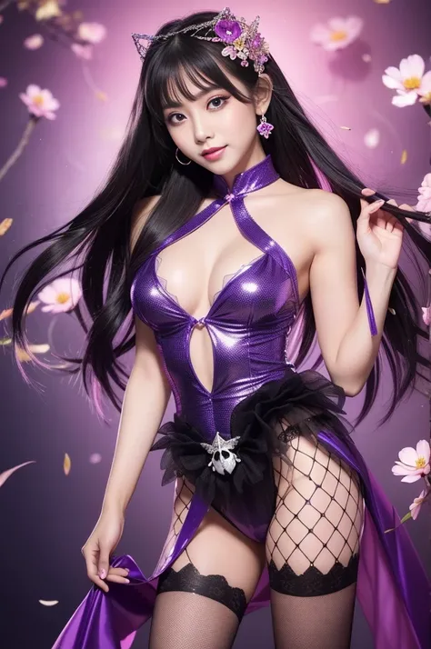 sexy Thai model who controls poison、beautiful smile、lipgloss、long lashes、smokey eyeshadow、look at the camera、full body Esbian、、sparkling poisoned flower costume、、、、sparkling Colorful hair、secrete poison、skull hair accessories、fishnet tights、shiny sparkling...