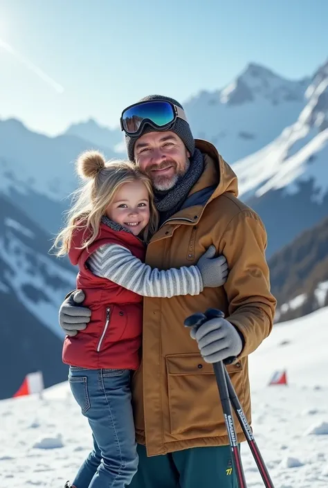  blonde child with blue eyes hugging her father dark brown hair and brown eyes skiing in Switzerland 8k ultra realistic photorealistic 