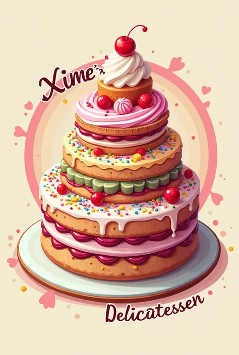 Pastry shop logo with a cake that says Xime&#39;s Delicatessen in bright colors