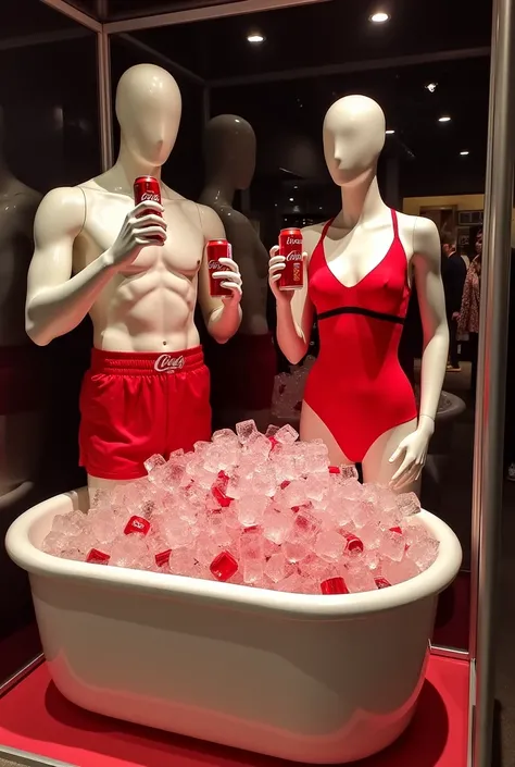 display case with a bathtub full of ice cubes with coca cola inside the ice cubes and inside the bathtub, a male mannequin in red boxing trunks and a female mannequin in a red swimsuit, with coca cola in both hands