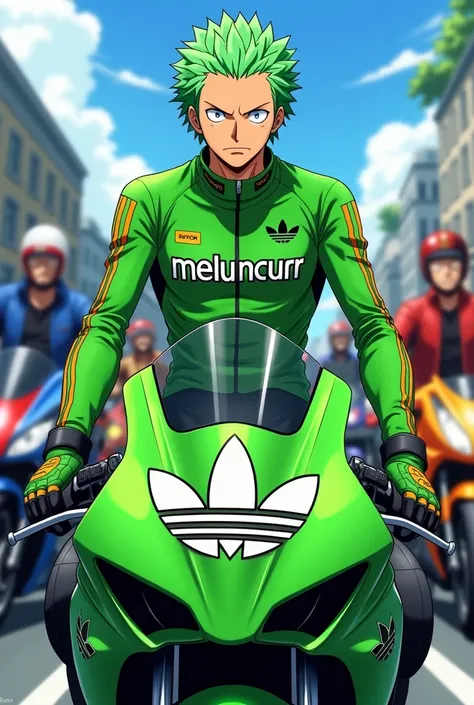 Anime One Piece Zoro is joining the moped motorcycle group , Green motorcycle clothing color , on the front of all the clothes there is the word Meluncurr , Adidas clothing brand