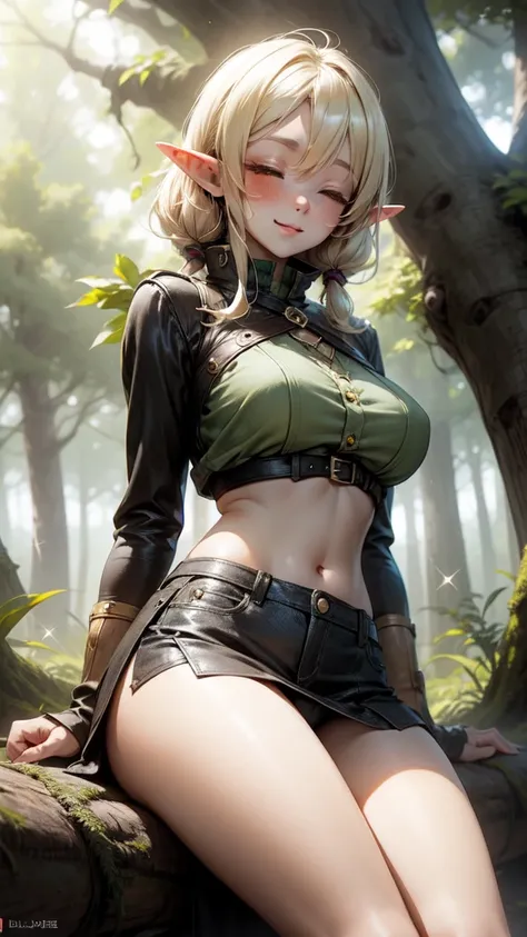 longshot、A very young elf girl napping under a tree in the forest、Beautuful Women、smil、blond hair、Big Breasts、Showing off her panties、mini skirt、Not wearing a bra、The dust sparkles、Blushing