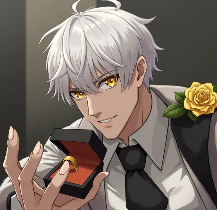 masterpiece, high quality, Mammon(obeyme),male_focus, solo, 1boy, yellow eyes, looking at viewer, flower, rose, gift, yellow_rose, necktie, yellow_flower, bending down on one knee holding a black box opend reveal a gold ring, formal, suit, upper_body, from...