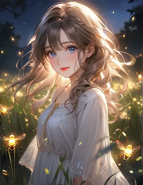 masterpiece:1.2,highest quality, highres, 16k, ultra-realistic:1.37, beautiful detailed, Beautiful girl, Standing in a beautiful posing, gently smile, flowing hair, Night Grassland, fireflies in hands, fireflies on hair, Many fireflies fly around:1.3, Fire...