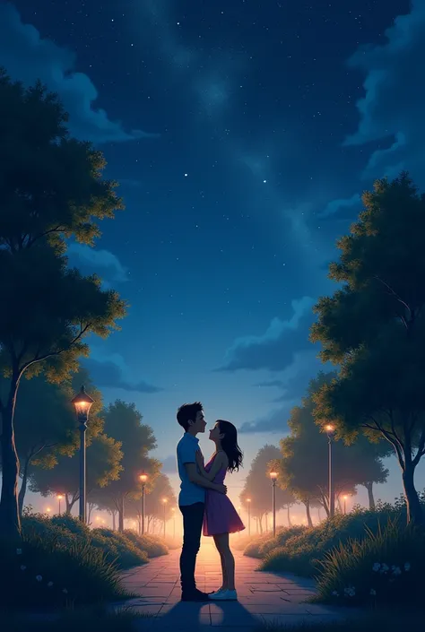 A couple enjoying the beautiful view of the stars at night in a park with lights that create a romantic atmosphere.