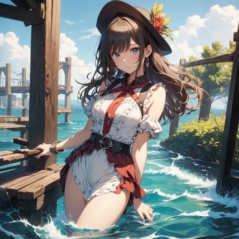 masterpiece, best quality, solo,1girl,looking at viewer,outdoor, cowboy shot,sea,anime style,
 anne