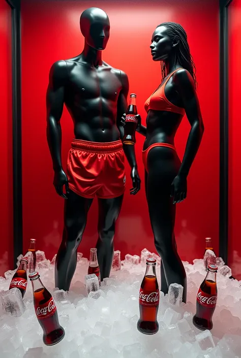 display case with a pool full of ice cubes with coca cola inside the ice cubes and inside the bathtub, a black male mannequin in red boxing trunks and a black female mannequin in a red swimsuit, with coca cola in both hands