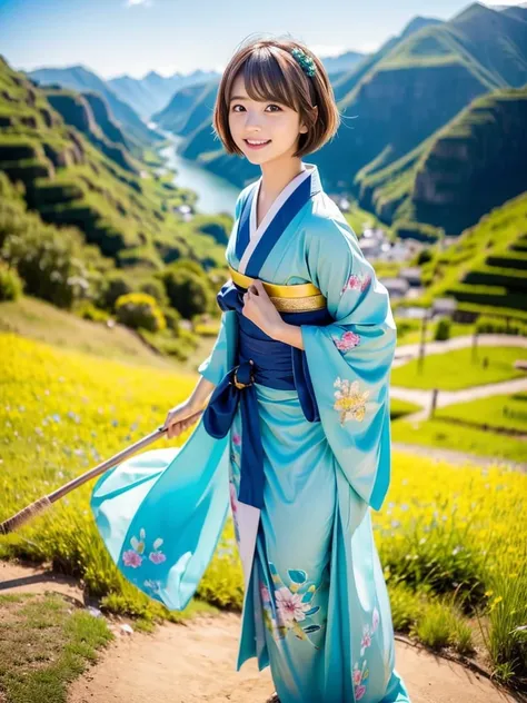 create an extremely realistic, photo-like image, capturing the full body of a japanese girl. she has a short haircut with an ult...