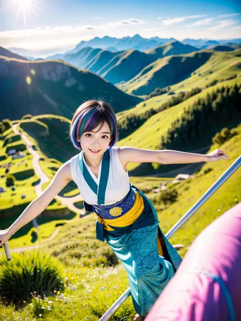 create an extremely realistic, photo-like image, capturing the full body of a japanese girl. she has a short haircut with an ult...