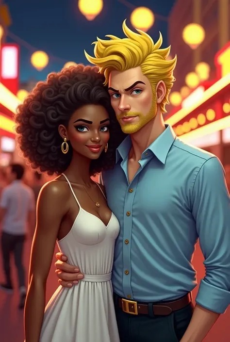 Create a couple the woman will be dark color the hair will be curly yellow color with a white dress the man will be with yellow hair the shirt will be light blue the pants will be black they are in Las Vegas