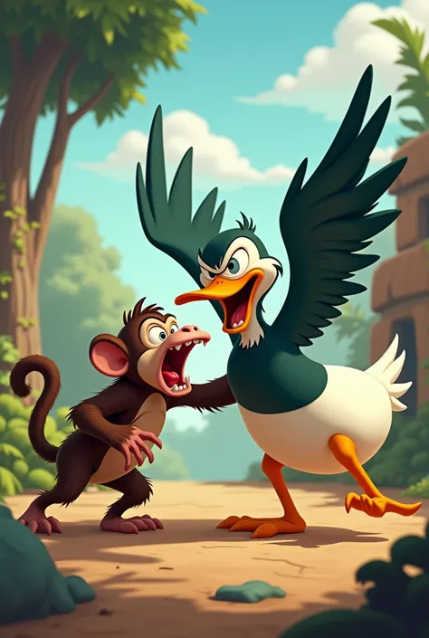 Duck beating up a monkey in cartoon