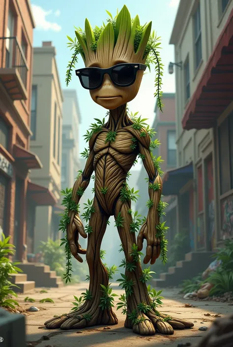 groot poser dans un quartier chaud avec des lunettes noires avec des petites plantes de canabis qui pousse sur son corp et qui pendent sur sa tete style cartoon réaliste 