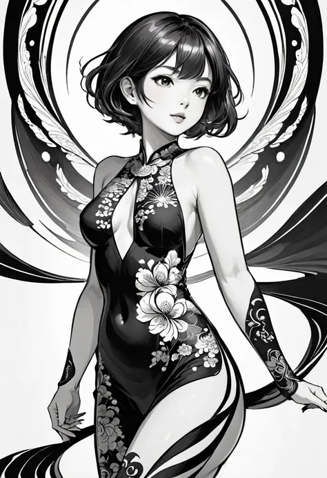 As a coloring book, white and black color, borders should be simple, clear, distinct, and thick lines, By Cartoon picture book of a beautiful Asian girl with short brown hair, A girl traditional ink body art style, (Use simple lines to outline a woman’s gr...