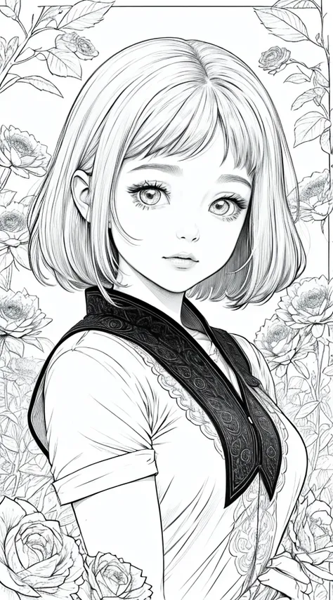 As a coloring book, white and black color, borders should be simple, clear, distinct, and thick lines, By Cartoon picture book of a beautiful Asian girl with short brown hair, A girl looking at camera, (field of roses), (Closeup), retrato, nuvem, arte de l...