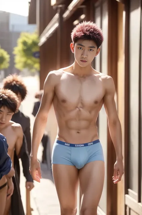 Teron Egerton, Korean teenage young boy , skinny thin body,  looks like younger boy, walking with shirtless, wearing transparent light blue tanga underwear,in ancient London 1870, market city centre road, with  merchant and multiple people in background 