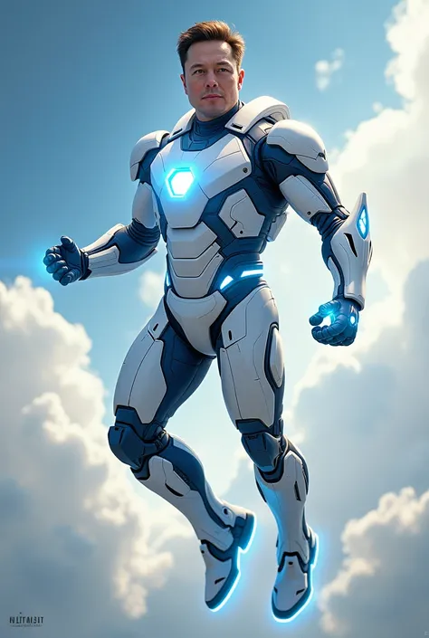 take a picture of elon musck in the superior iron man suit, white costume with blue lights, he is in a flying superhero pose