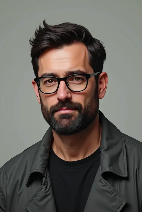 A white man, slightly robust,black hair light brown eyes wearing square shaped glasses slightly grown beard wearing a black t-shirt and a gray coat