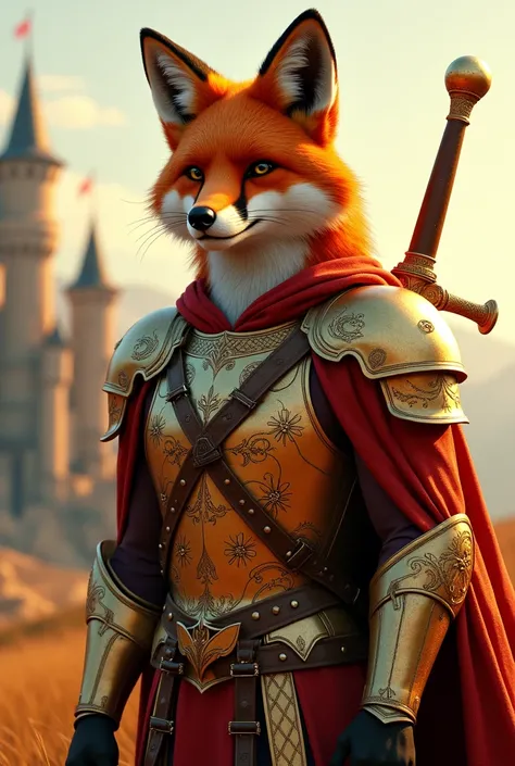 A red fox stands in golden armor against the background of a castle, with a large sword on his back