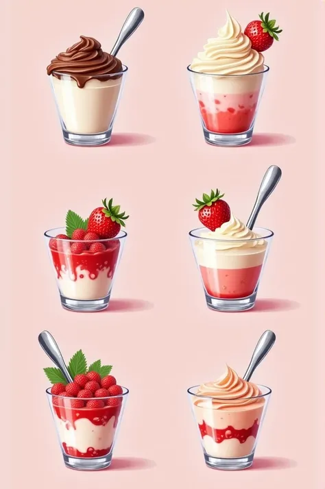 Strawberries and cream logos in glasses with different toppings and that have the name of creamy strawberries in English