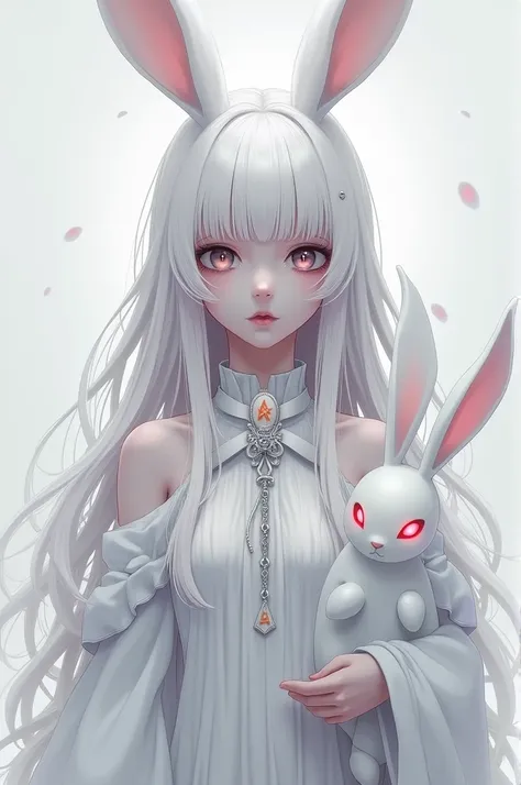 White female character with white hair and bangs and white bunny ears with pink and a face with big, sad eyes and a thin mouth and white clothes with a long neck and a white bow with a chain with the initials of the letter A and a white rabbit with red eye...