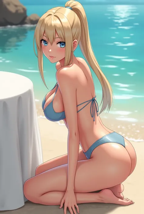 Yamanaka Ino, Bela, ​masterpiece, extremely detaild, best qualityer, best ilumination, best shade, face perfect, shining blue eyes, light blonde hair with bangs covering one eye and a ponytail, with a light blue bikini, Underarms, shining skin, tablecloth,...