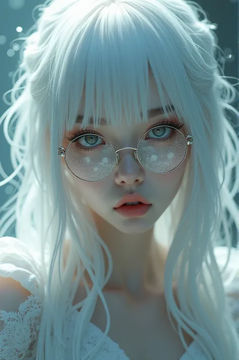 White haired woman with anime glasses 