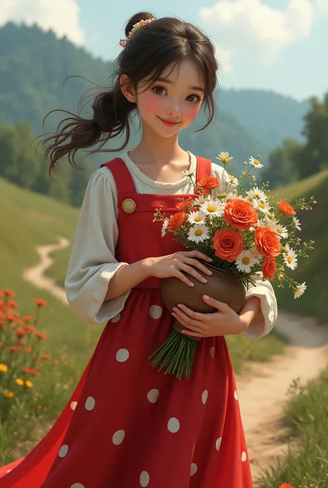 Detailed, realistic image of the benign girl, red dress with white polka dots,  appearance, clay pot in her right hand and flower bouquet in her left hand, northeastern backlands.