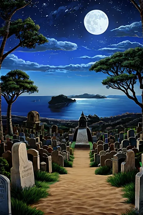 a landscape, a mixture of cemetery, square, sea, beach with a fig tree on a full moon night.