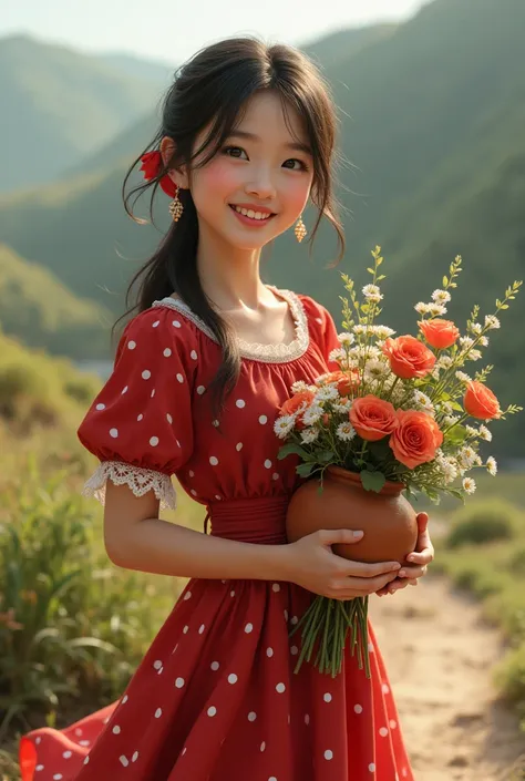 Detailed, realistic image of the benign girl, red dress with white polka dots,  appearance, clay pot in her right hand and flower bouquet in her left hand, northeastern backlands.