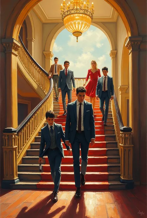 A painting depicting a group of individuals ascending a staircase, showcasing their diverse expressions and interactions. 