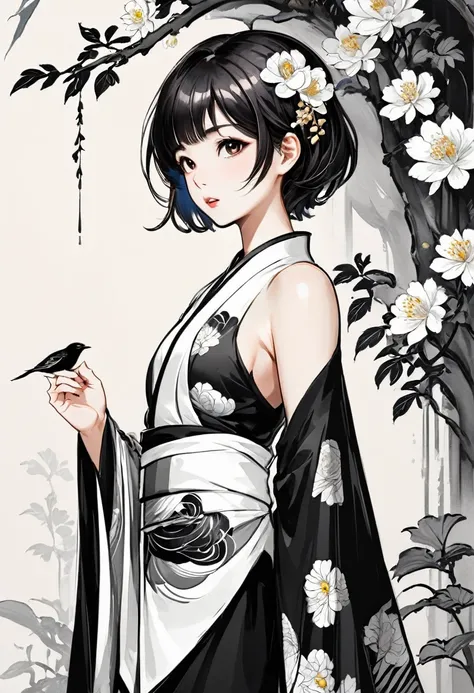 As a coloring book, white and black color, borders should be simple, clear, distinct, and thick lines, By Cartoon picture book of a beautiful Asian girl with short brown hair, A girl traditional ink body art style, (Use simple lines to outline a woman’s gr...