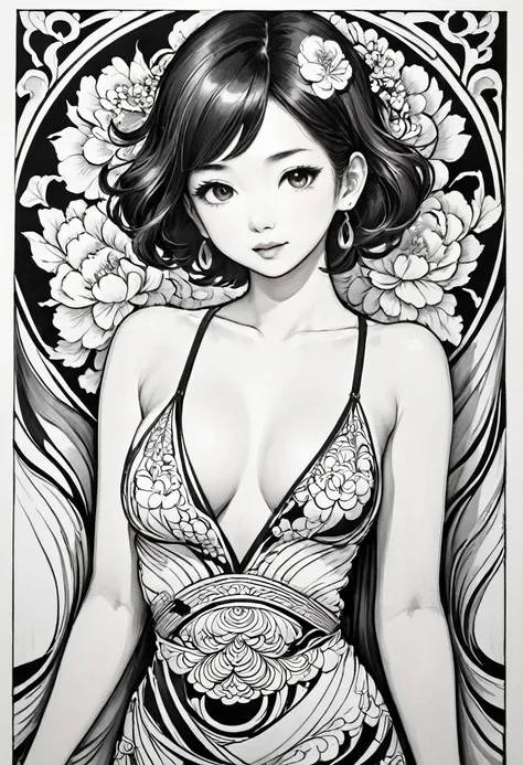 As a coloring book, white and black color, borders should be simple, clear, distinct, and thick lines, By Cartoon picture book of a beautiful Asian girl with short brown hair, A girl traditional ink body art style, (Use simple lines to outline a woman’s gr...