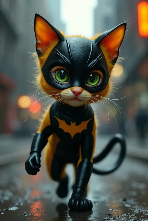 Yellow kitten with green eyes dressed as catwoman
