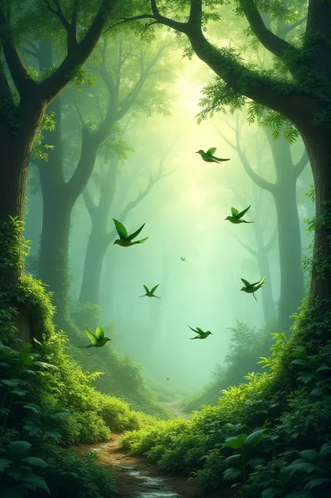 Clear, Here is a description for creating an image with AI:

"A fantasy forest with vibrant green trees, creating a dream landscape but with a realistic touch. The background is filled with lush and detailed vegetation, with a variety of small green birds ...