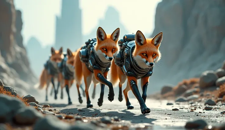 foxes advancing with determination in a futuristic scenario