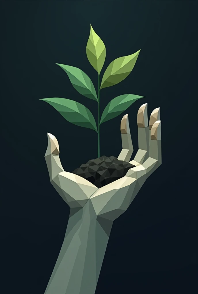 Image showing a stylized hand holding a growing plant, formed by triangles, rectangles and circles with dark and gloomy background