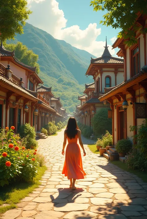 Woman arriving in a village with streets paved with shiny stones, beautiful houses and abundant harvests 