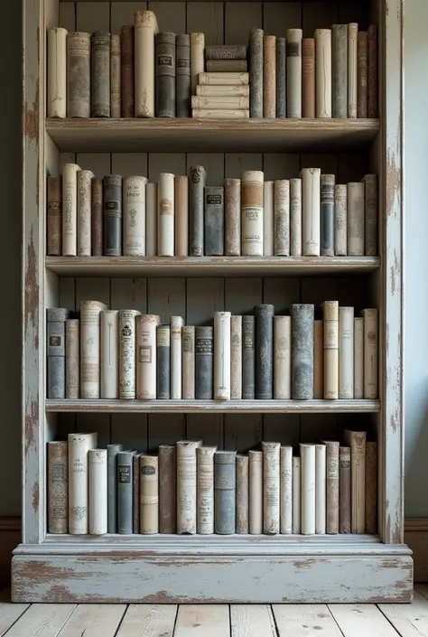 Forward facingVintage book shelves with books of different sizes white greys blacks sepia shabby chic
