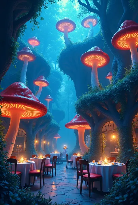 Restaurant made of blue mushrooms with tables and chairs made of red mushrooms and fairies eating inside it