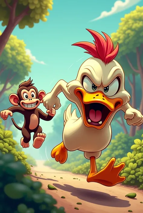 Angry duck chasing a monkey in cartoon