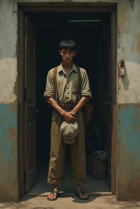 Realistic image of young man waiting outside the entrance of the workers&#39; canteen asking for food