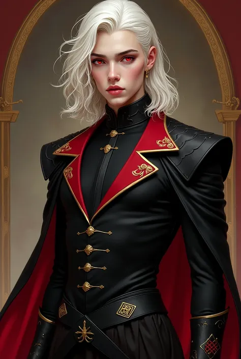 Beautiful young man with androgynous and delicate features, Shoulder-length platinum or silver blonde hair and slanted red eyes, White skin, high, hourglass body.

He wears black clothes with red details.

House of the dragon. Targaryen. Royals.