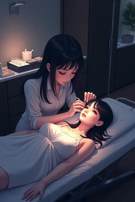 CREATE A DARK-HAIRED GIRL PUTTING EYELASHES ON ANOTHER GIRL ON A STRETCHER AND AN EYELASH STUDIO