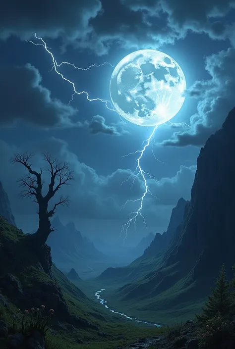 A fantasy landscape image of a full moon with lightning in a dimly lit night sky 