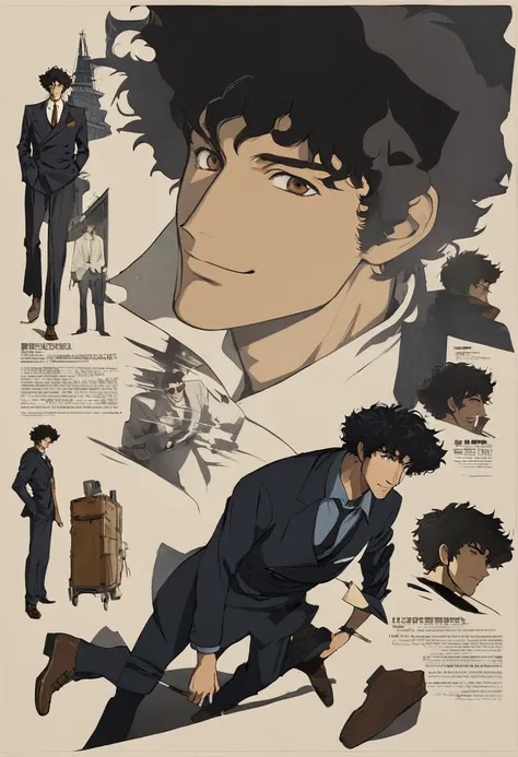 anime style posters,a man walks around smoking a cigarette against a white background.one man spike spiegel,brown eyes, smile,bl...